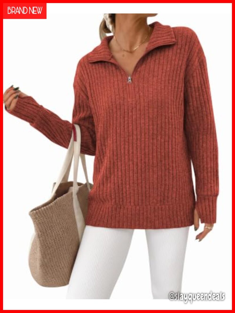 Womens Quarter Zip Pullover Sweater Long Sleeve Ribbed Knit